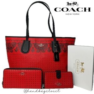 Coach 36357 Red Bandana Polka Dot Black Taxi Tote Bag and Wallets Americana Set